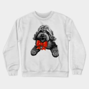 Cute Cavapoo Cavoodle puppy dog with red bow  - Monochrome cavalier king charles spaniel poodle, puppy love Crewneck Sweatshirt